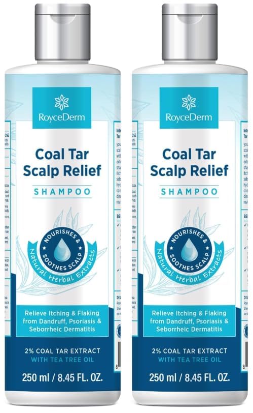 Roycederm Coal Tar Shampoo bottle shows medicated formula for scalp relief