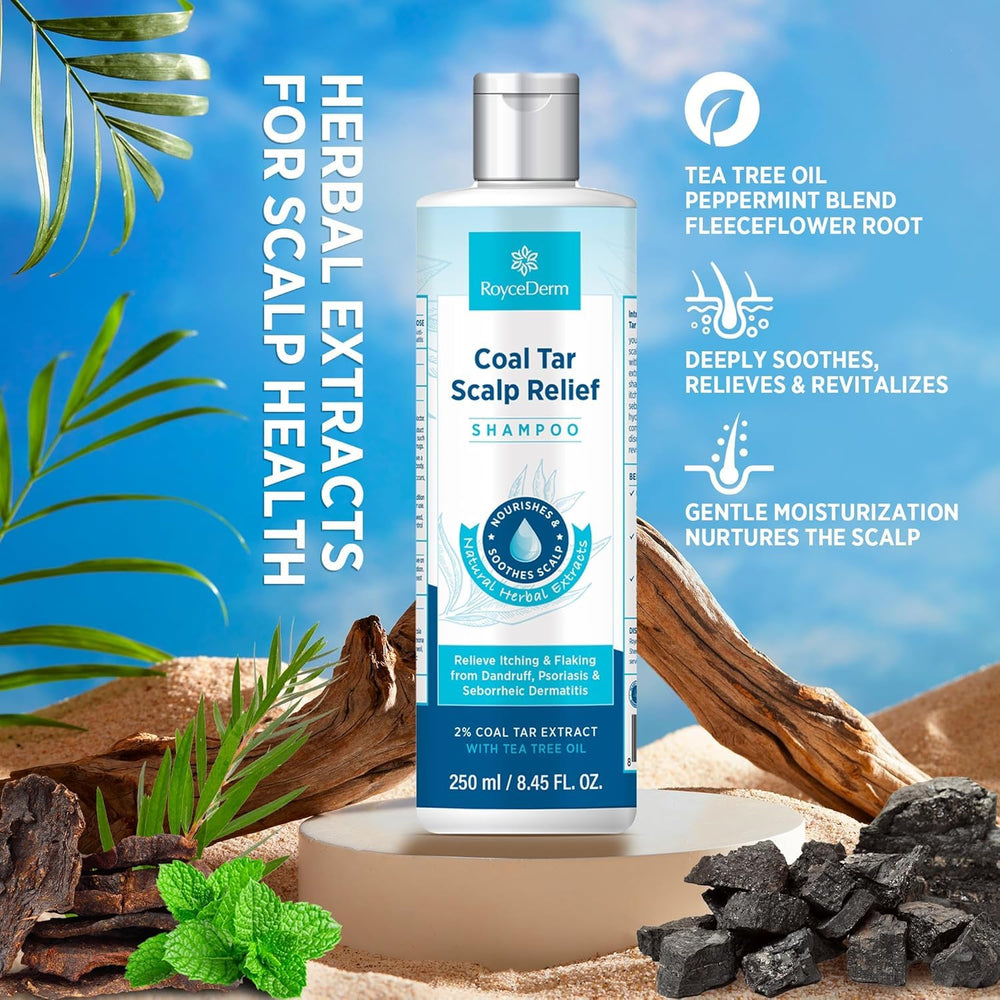 Roycederm Coal Tar Shampoo packaging shot emphasizes dermatologist-trusted scalp care