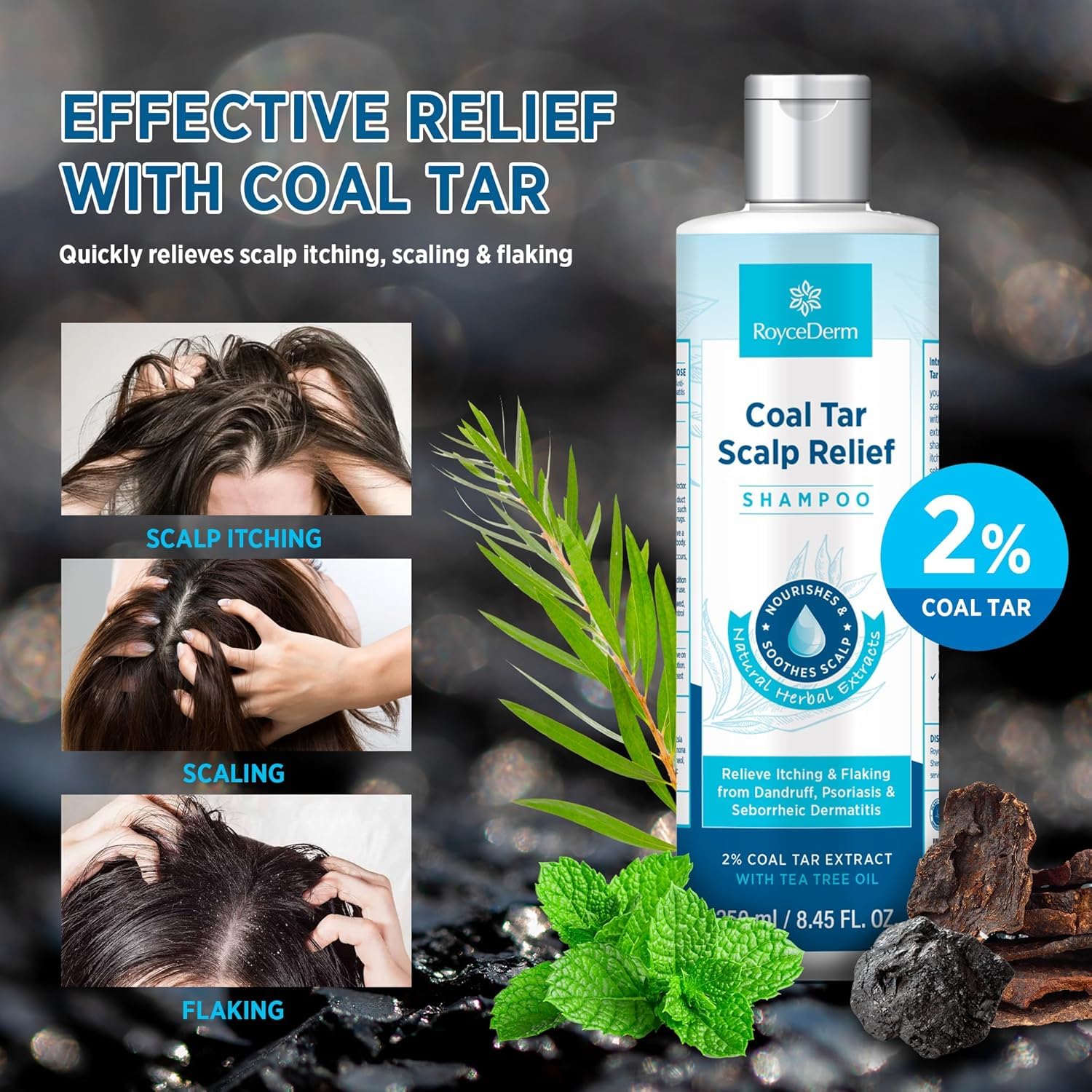 Roycederm Coal Tar Shampoo scalp relief close-up illustrating gentle formula for sensitive scalps