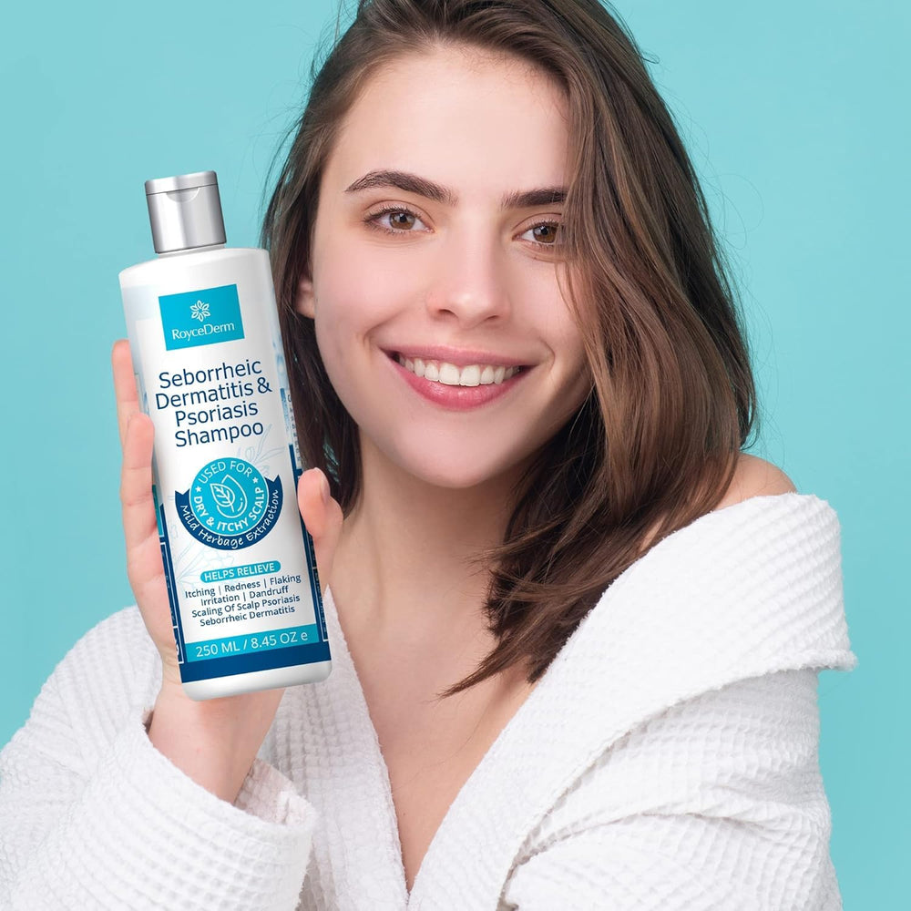 Roycederm Psoriasis Shampoo application tips image suggests practical use.