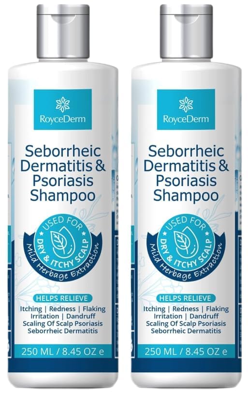 Roycederm Psoriasis Shampoo bottle front displaying label and calm scalp benefits