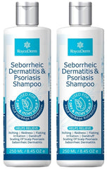 Roycederm Psoriasis Shampoo bottle front displaying label and calm scalp benefits