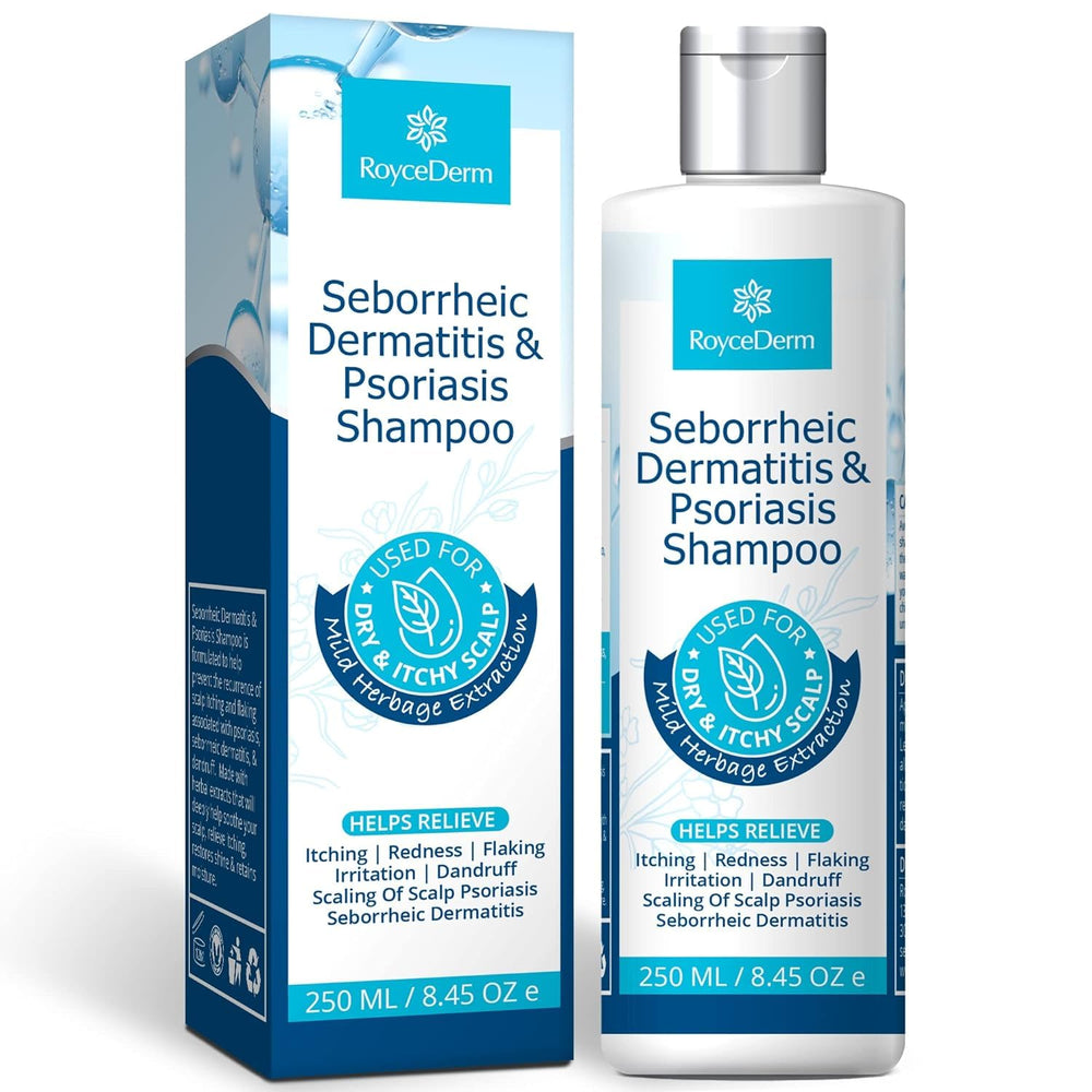 Roycederm Psoriasis Shampoo bottle pour for simple itch relief.