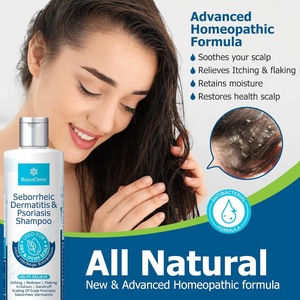 Roycederm Psoriasis Shampoo label closeup highlights gentle formula.