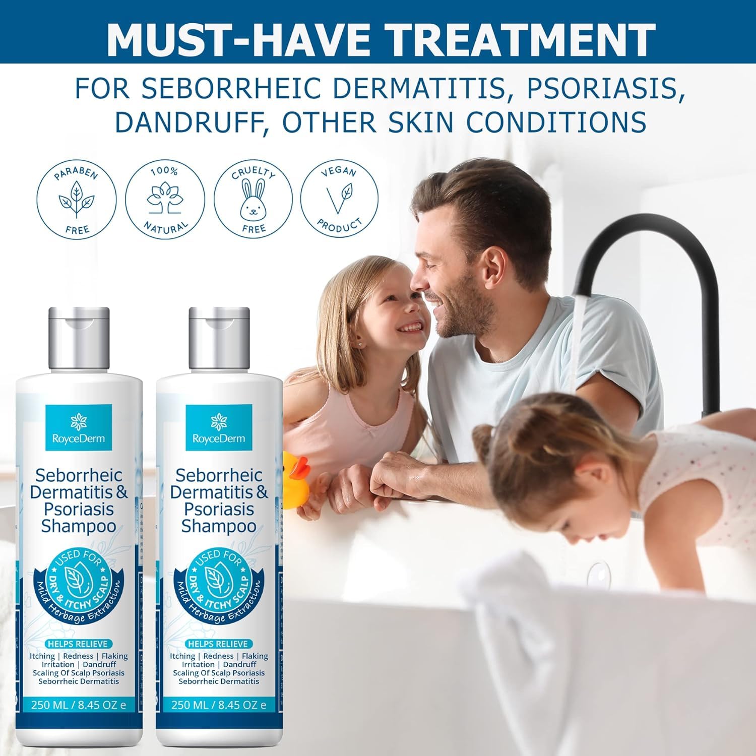 Roycederm Psoriasis Shampoo packaging box conveys product safety.