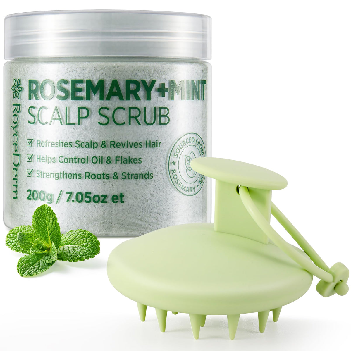 RoyceDerm Rosemary Mint Scalp Scrub bottle showing refreshing exfoliation for a balanced scalp