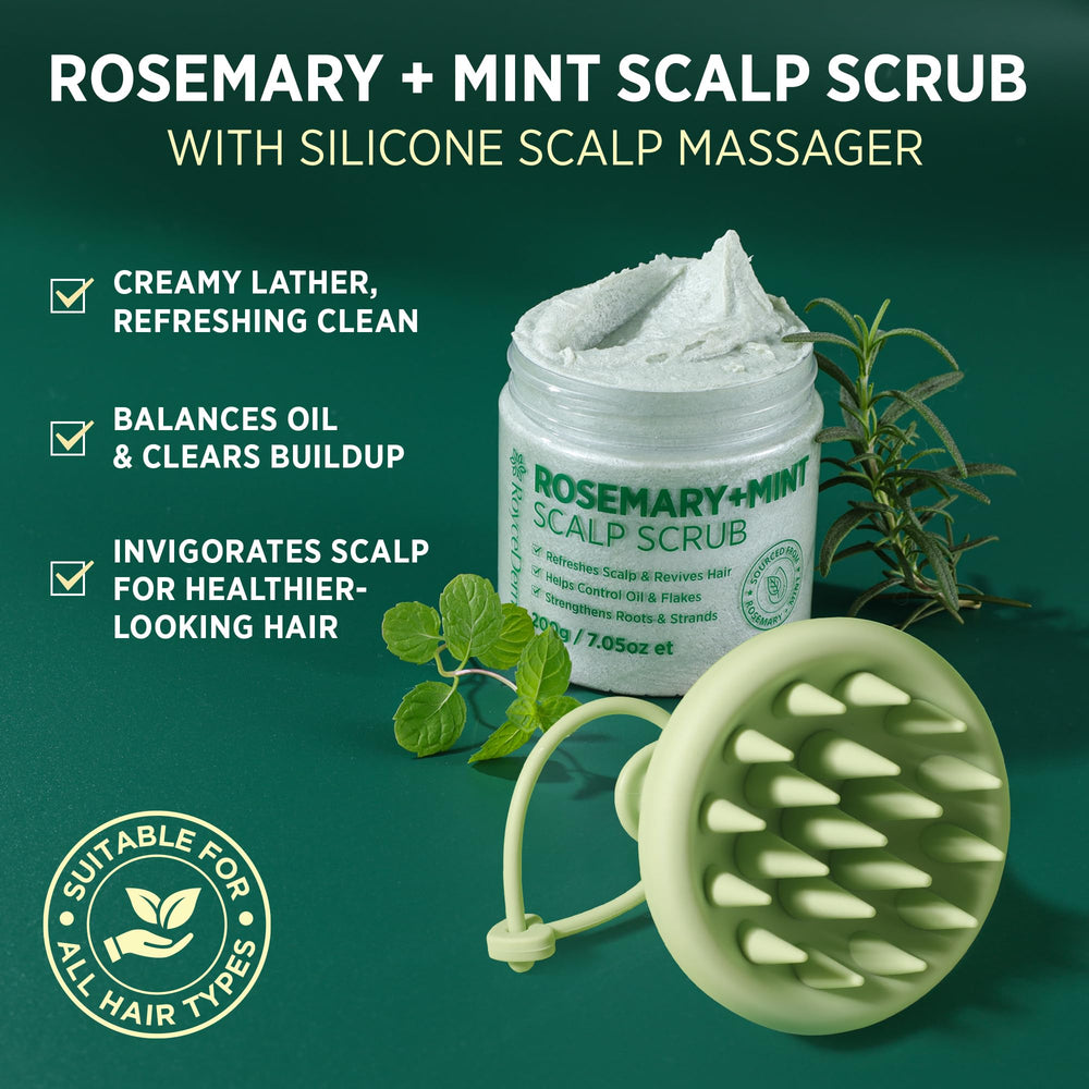 RoyceDerm Rosemary Mint Scalp Scrub massager head illustrating soothing cooling sensation for itchy scalp