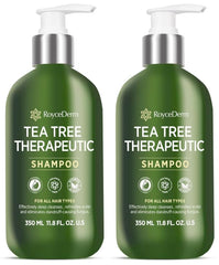Roycederm Tea Tree Antifungal Shampoo bottle on a bathroom shelf for refreshing scalp care.