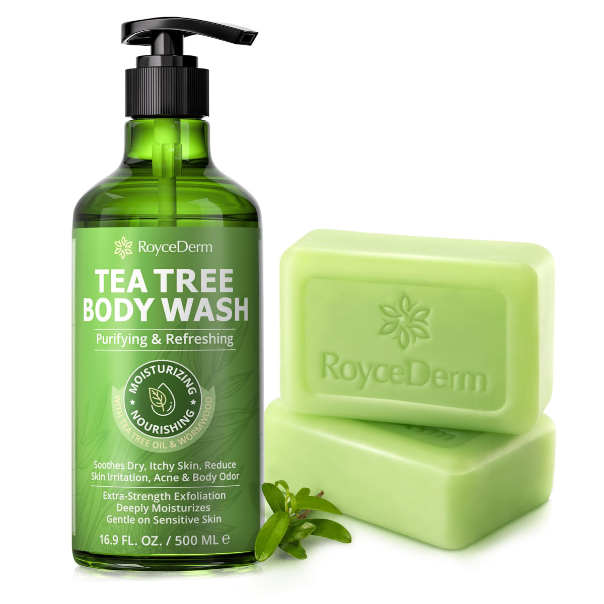 Roycederm Tea Tree Body Wash bottle for a refreshing daily cleanse.