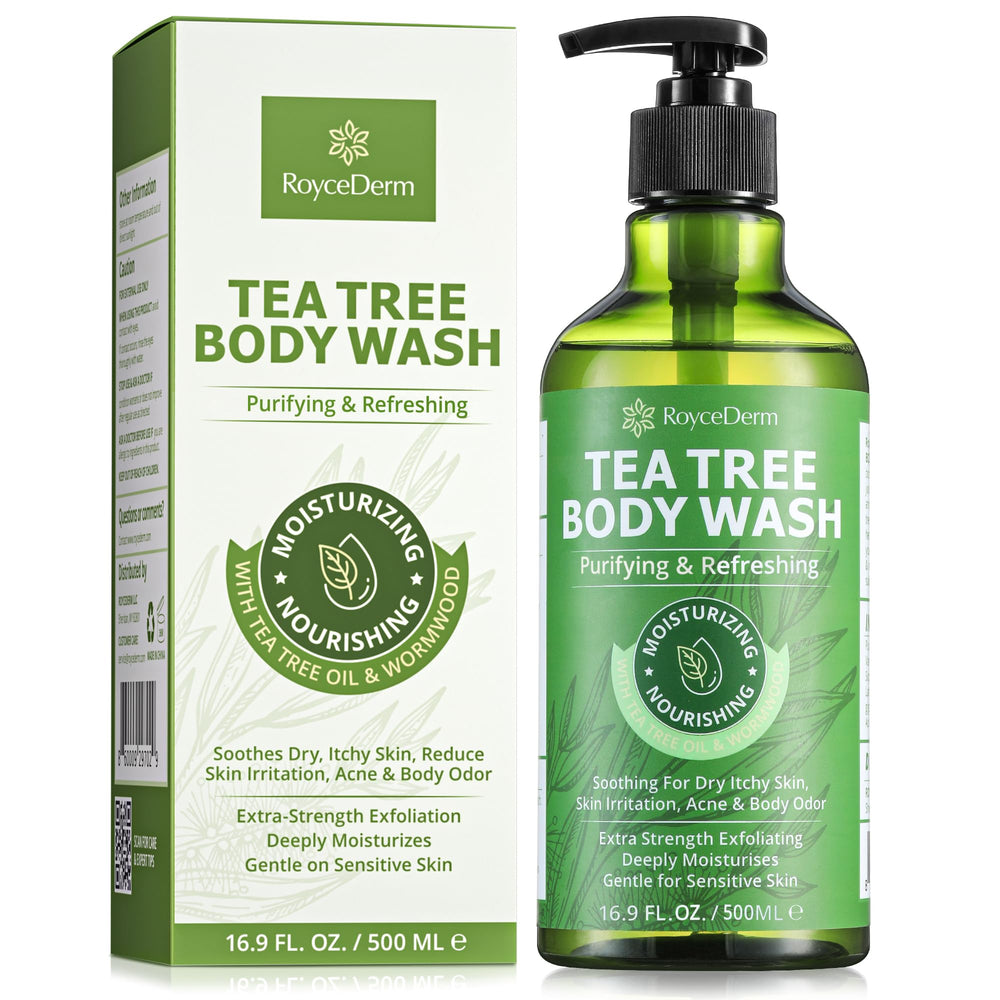 Roycederm Tea Tree Body Wash bottle ready for a refreshing antibacterial cleanse.