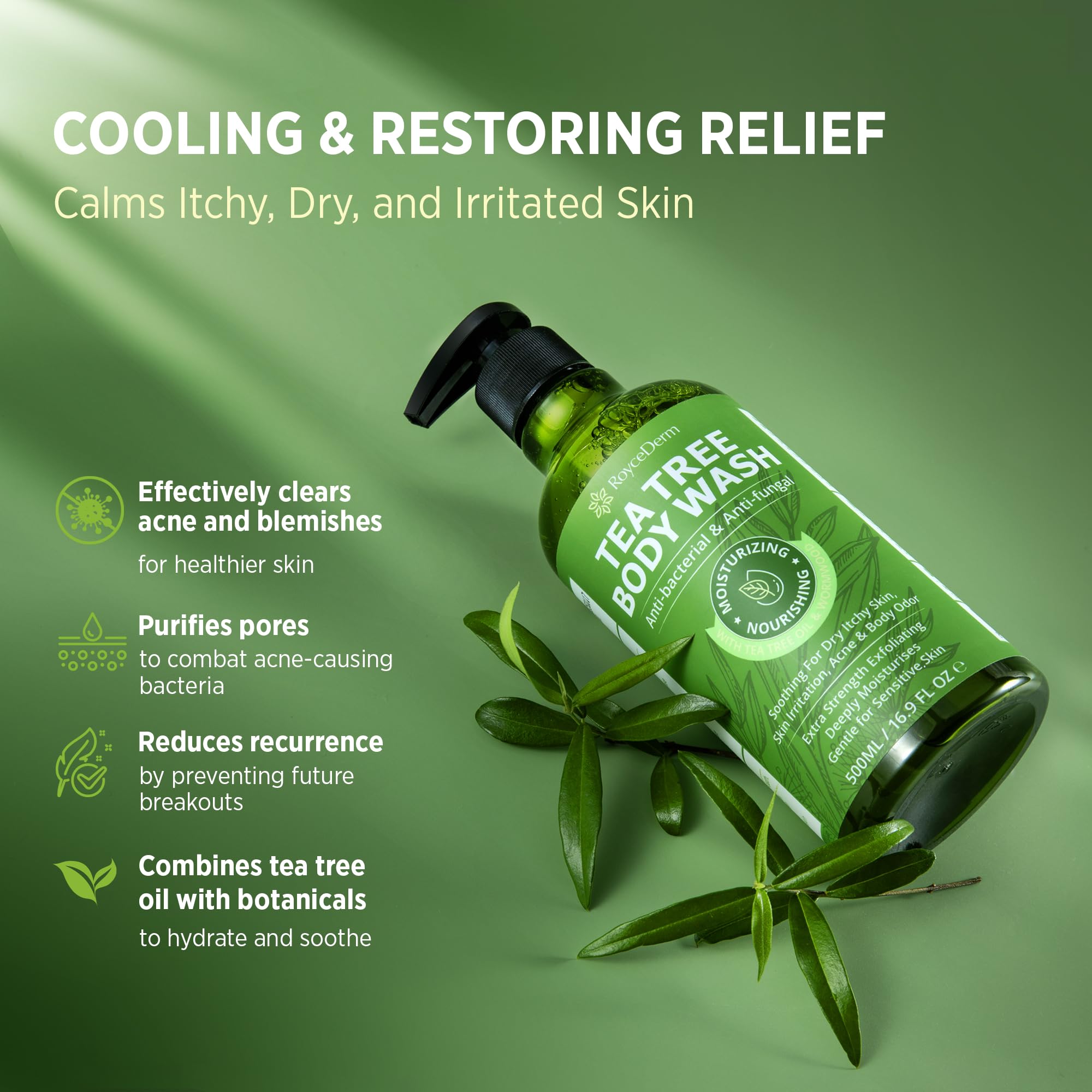 Roycederm tea tree oil bottle closeup highlighting natural ingredients