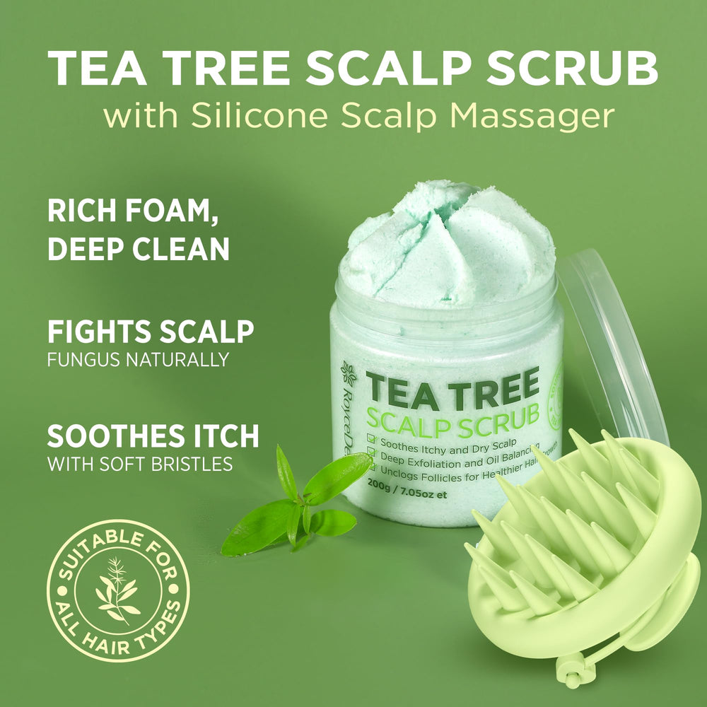 Roycederm Tea Tree Oil ingredient bottle highlights refreshing scalp care