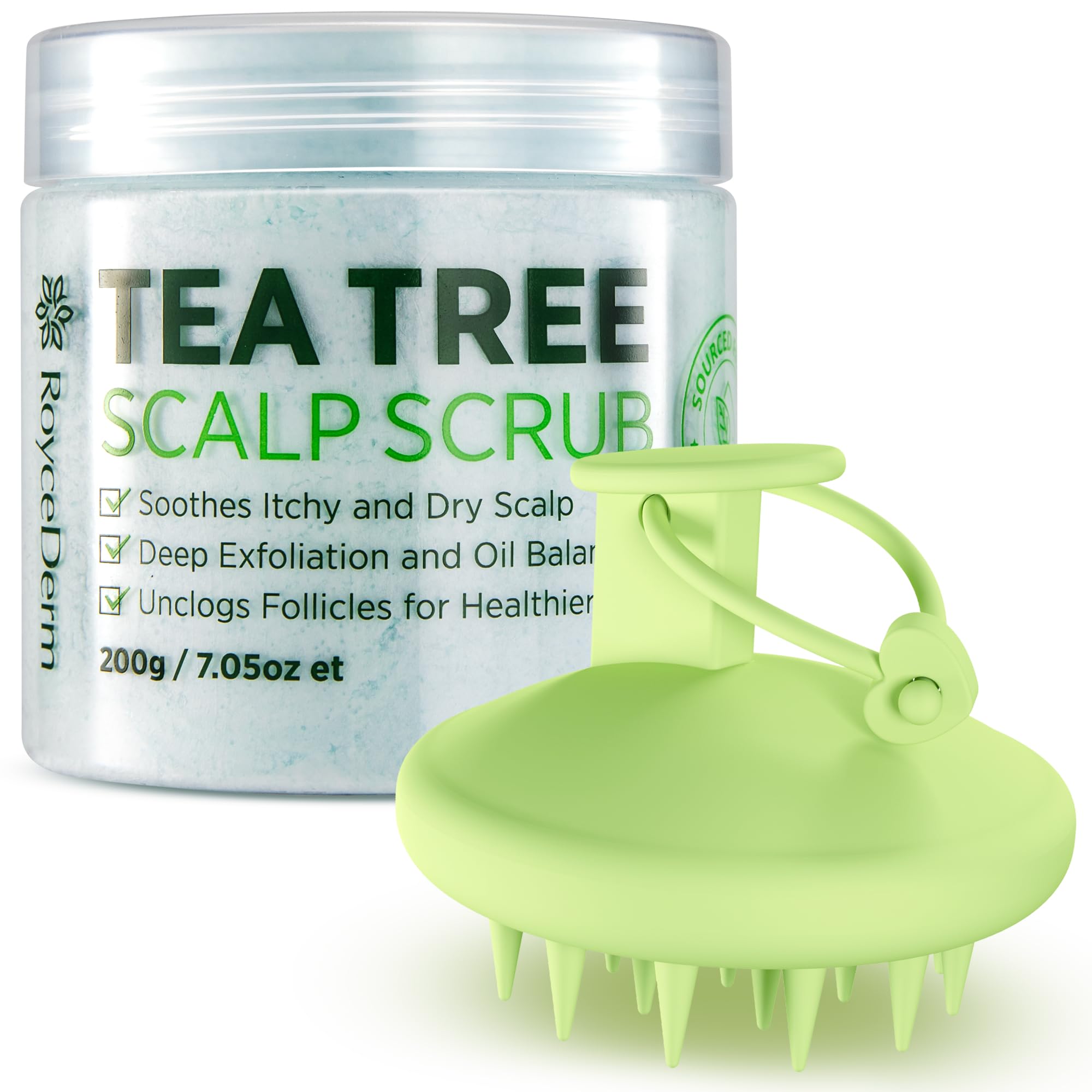 Roycederm Tea Tree Scalp Scrub bottle close-up for deep pre-shampoo cleansing