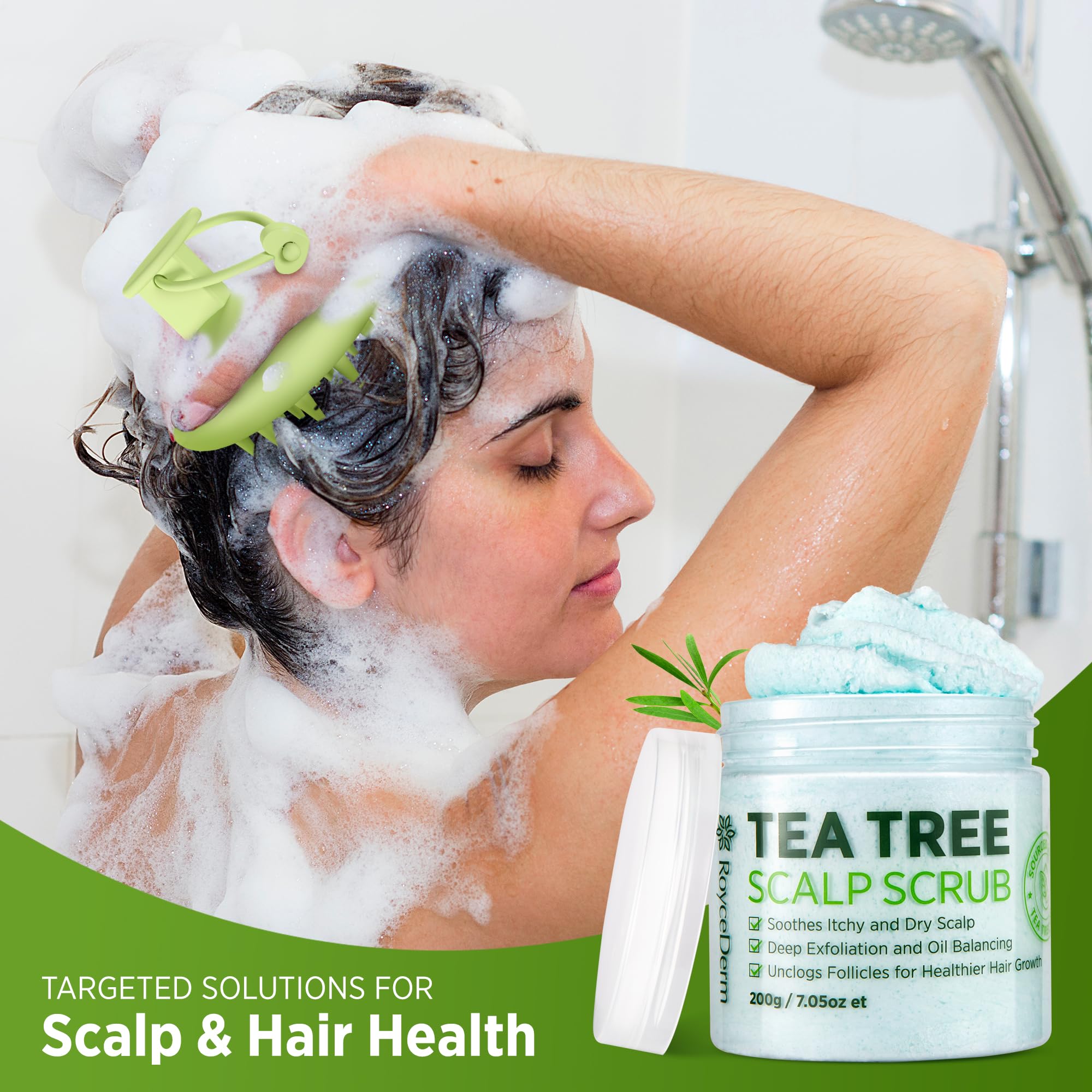 Roycederm Tea Tree Scalp Scrub with spoon for exfoliating application