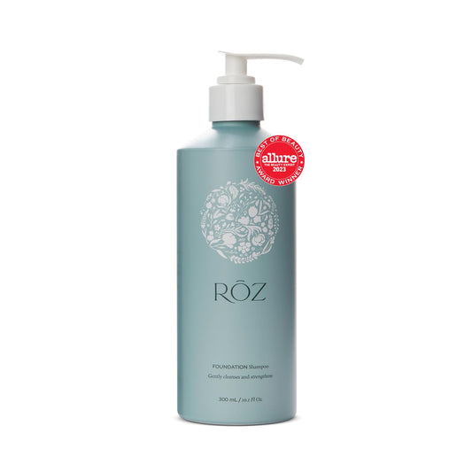 RŌZ Foundation Shampoo bottle front view, hydrating formula for all hair types.