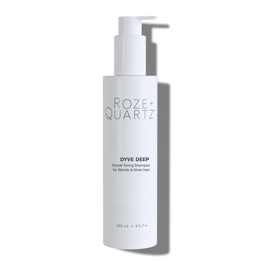 Roze + Quartz Dyve Deep Shampoo bottle showing violet-toned color care for blonde and silver hair.