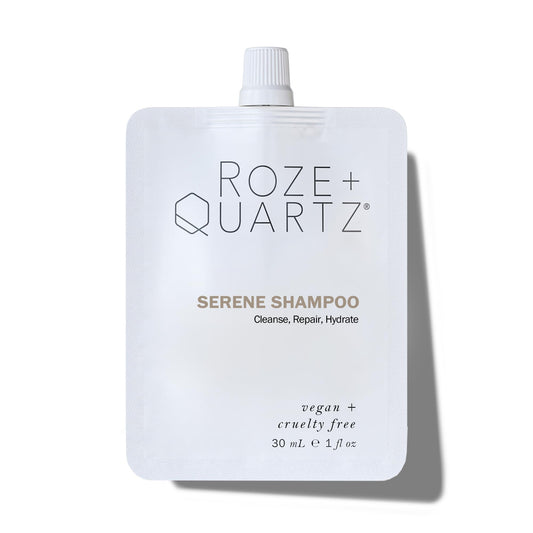 Roze + Quartz Serene Shampoo bottle, sulfate-free formula for gentle cleansing.