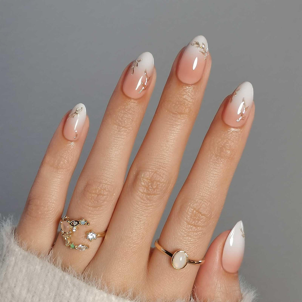 RPNZL Athena ombre French tip nails with 3D gold design for luxe at-home manicure