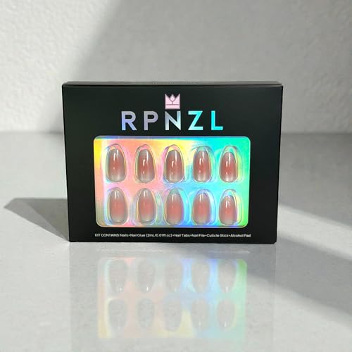 RPNZL Halo medium almond nails with glossy UV finish for durable wear.