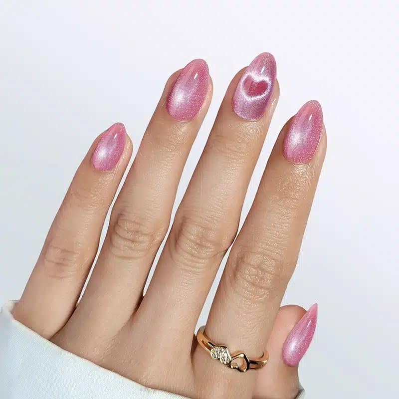RPNZL Love Beam Heart Cat Eye nails, glossy statement manicure.