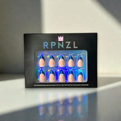 RPNZL Ocean blue chrome almond nails with UV finish for durable wear