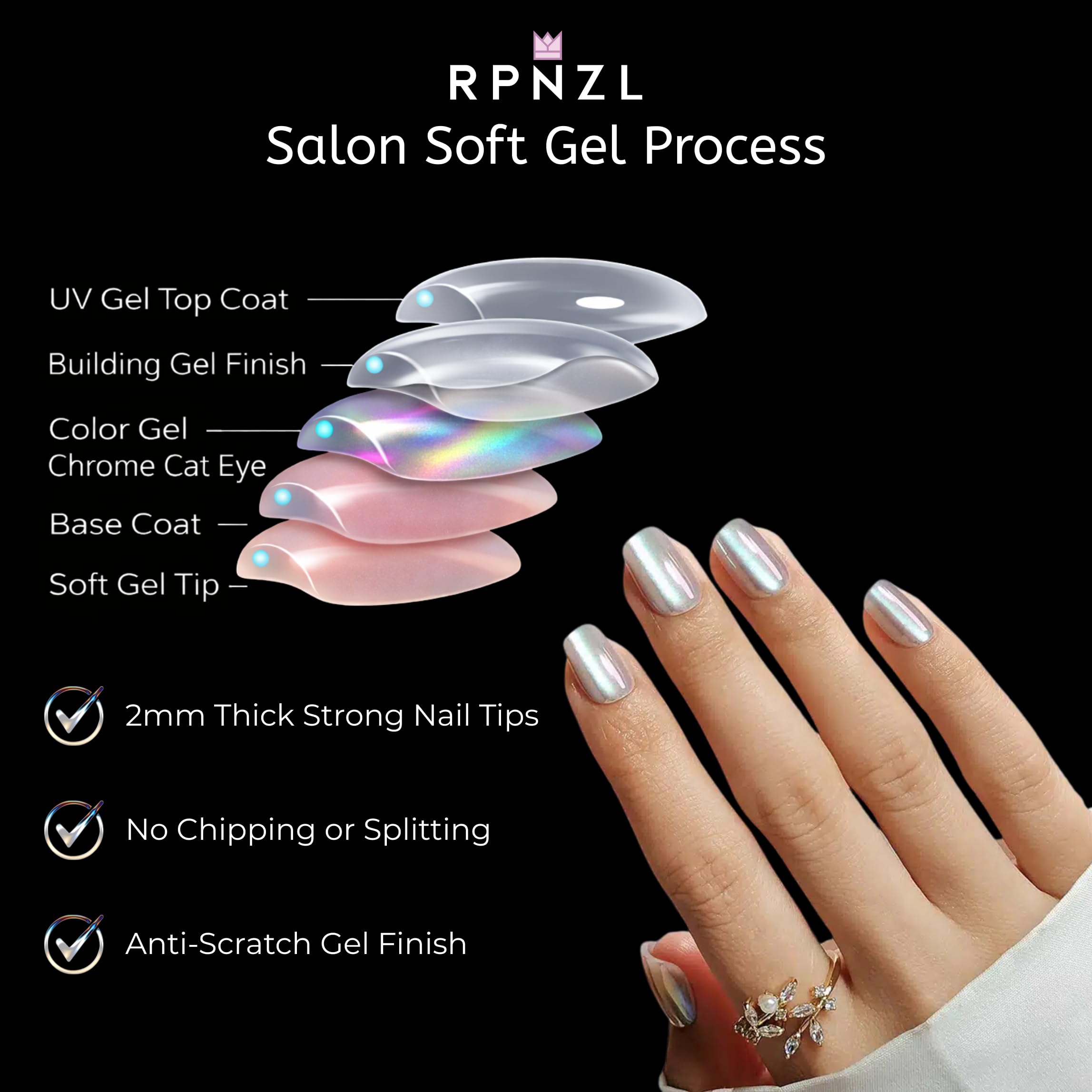 RPNZL Opal Chrome Cateye square nails includes file for smooth prep.
