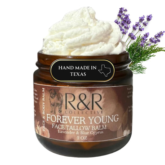 R&R Collective Forever Young Tallow jar closeup showing creamy texture for dry skin