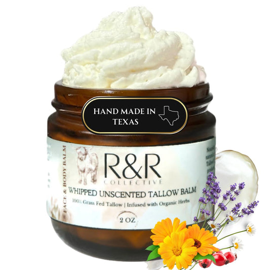 R&R Collective handmade tallow balm unscented jar with creamy texture for nourishing skin