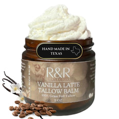 R&R Collective Vanilla Latte Tallow Face Moisturizer bottle shows creamy texture for dry, sensitive skin.