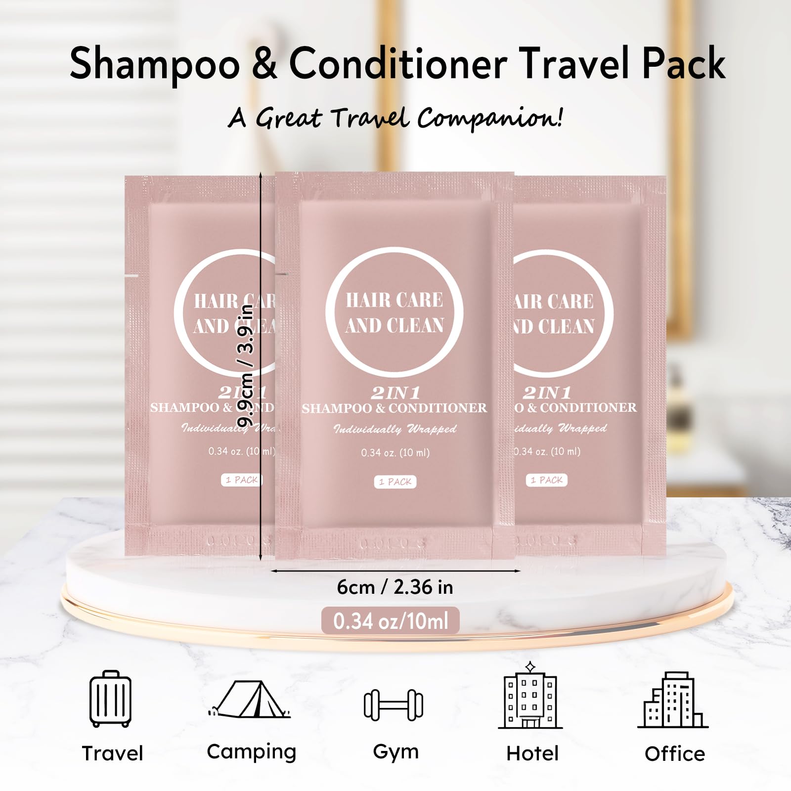 RSQAZQ single-use sachet pack showing compact, travel-friendly toiletries