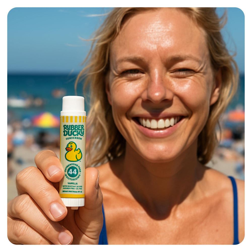 Rubber Ducky all-season SPF lip balm provides broad protection.