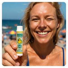 Rubber Ducky all-season SPF lip balm provides broad protection.