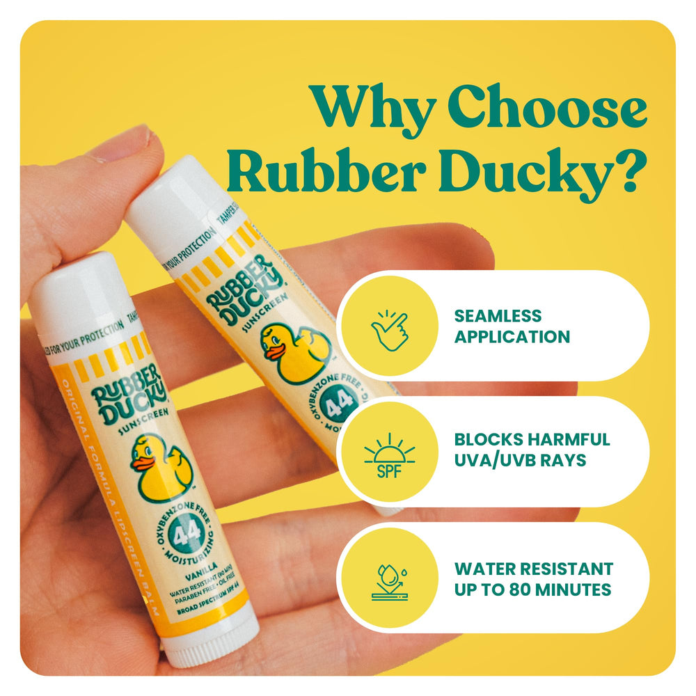 Rubber Ducky SPF 44 lip balm in a 3-pack for travel.