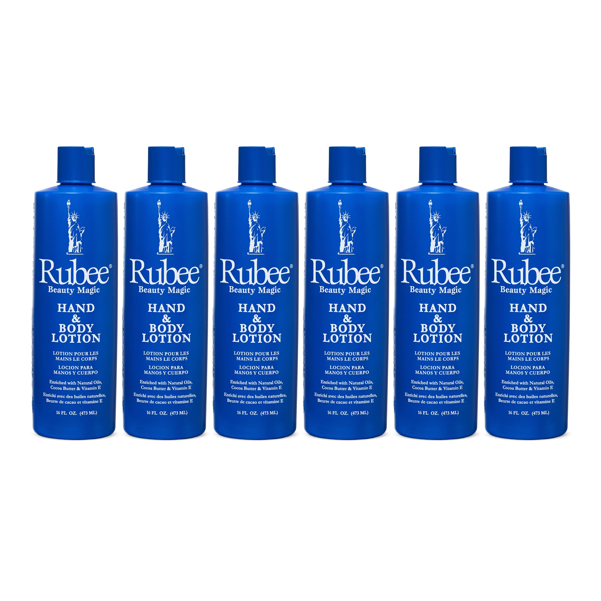 RUBEE six-pack body and hand lotion bottles offering non-greasy hydration for dry skin