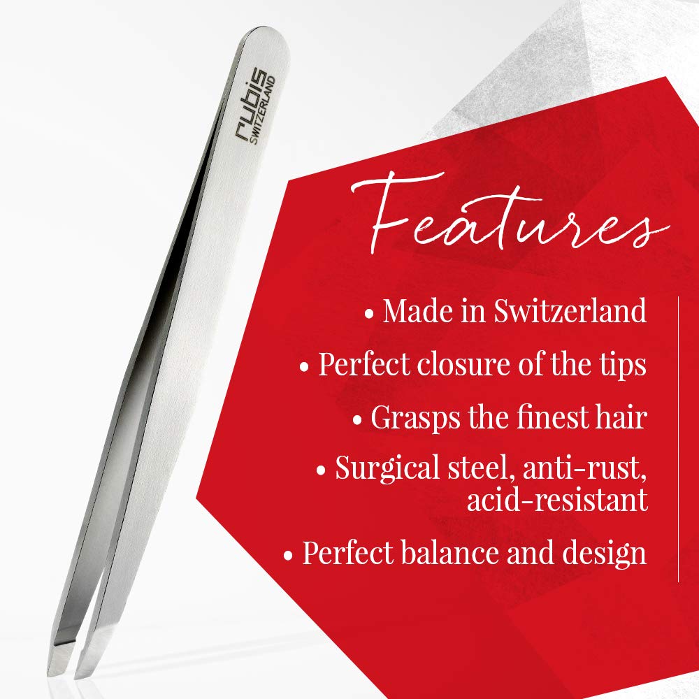Rubis Switzerland tweezers used for defined eyebrows and stray hairs.