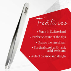 Rubis Switzerland tweezers used for defined eyebrows and stray hairs.