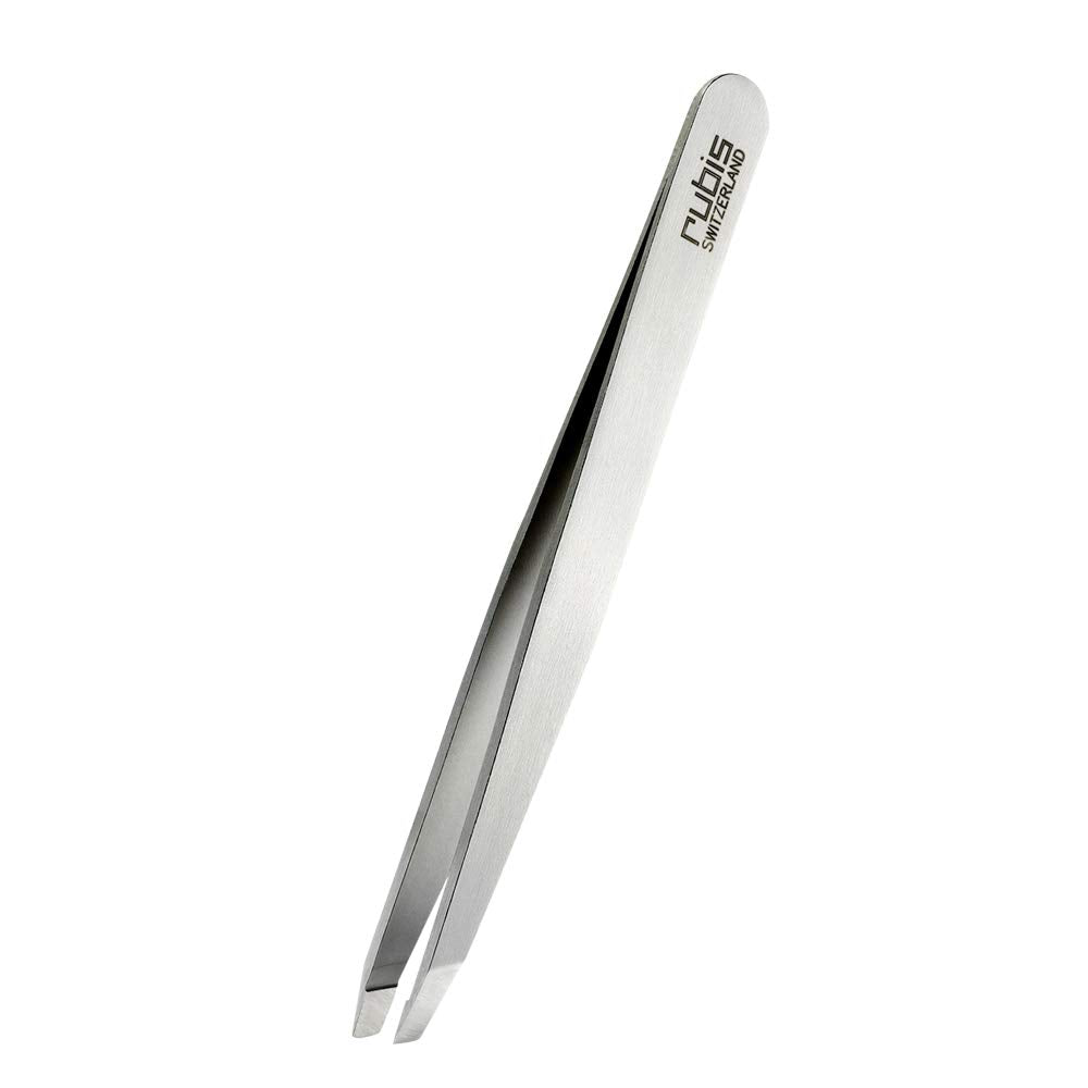 Rubis Switzerland slanted-tip tweezer in silver for precise eyebrow shaping.