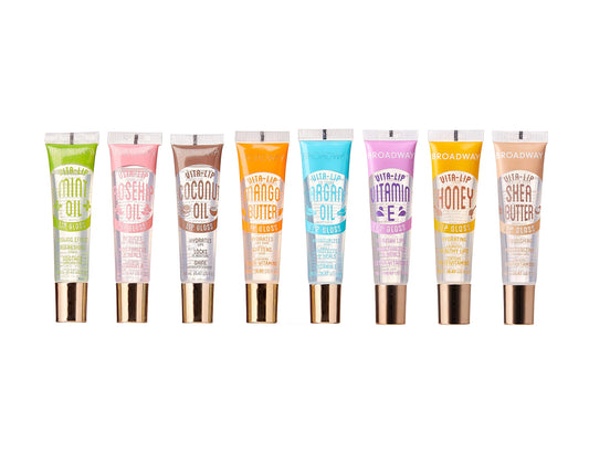 Ruby Kisses Broadway Vita-Lip gloss clear bottle closeup shows hydrating shine.
