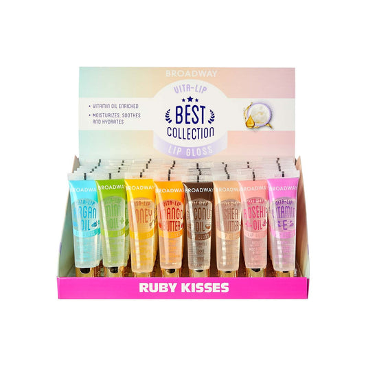 Ruby Kisses Broadway Vita-Lip Gloss clear bottle demonstrates ultra-hydrating shine on lips