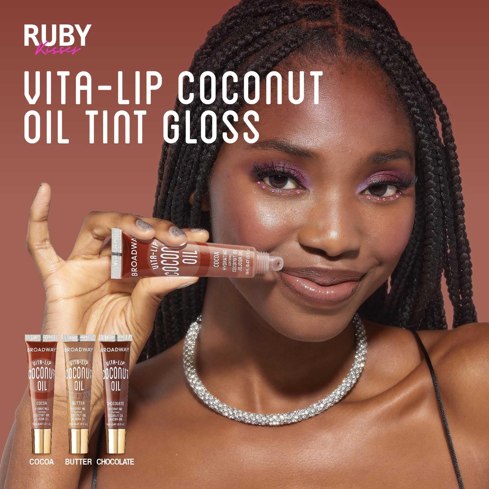 Ruby Kisses Broadway Vita-Lip gloss with coconut oil supports lip hydration.