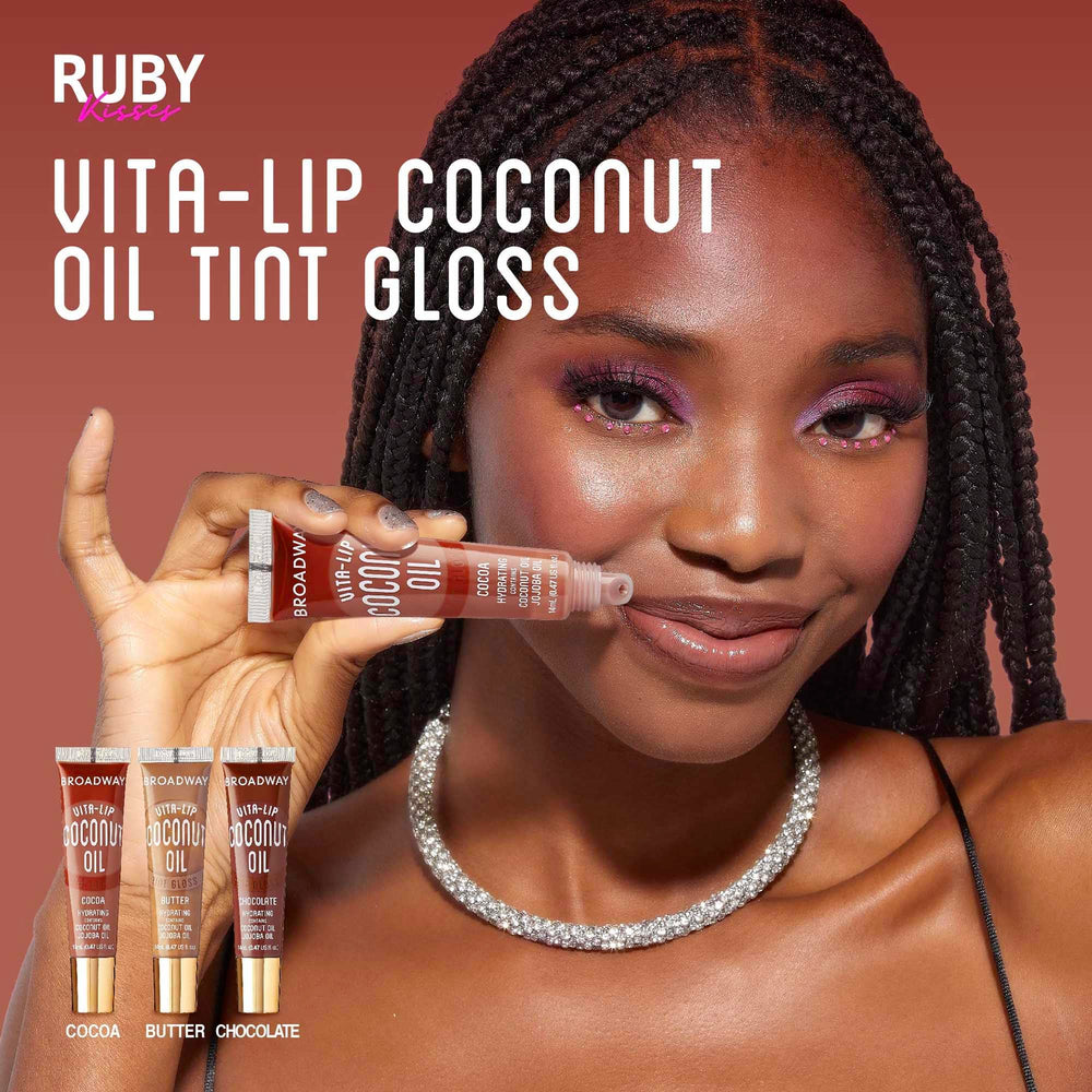 Ruby Kisses Broadway Vita-Lip gloss with coconut oil supports lip hydration.