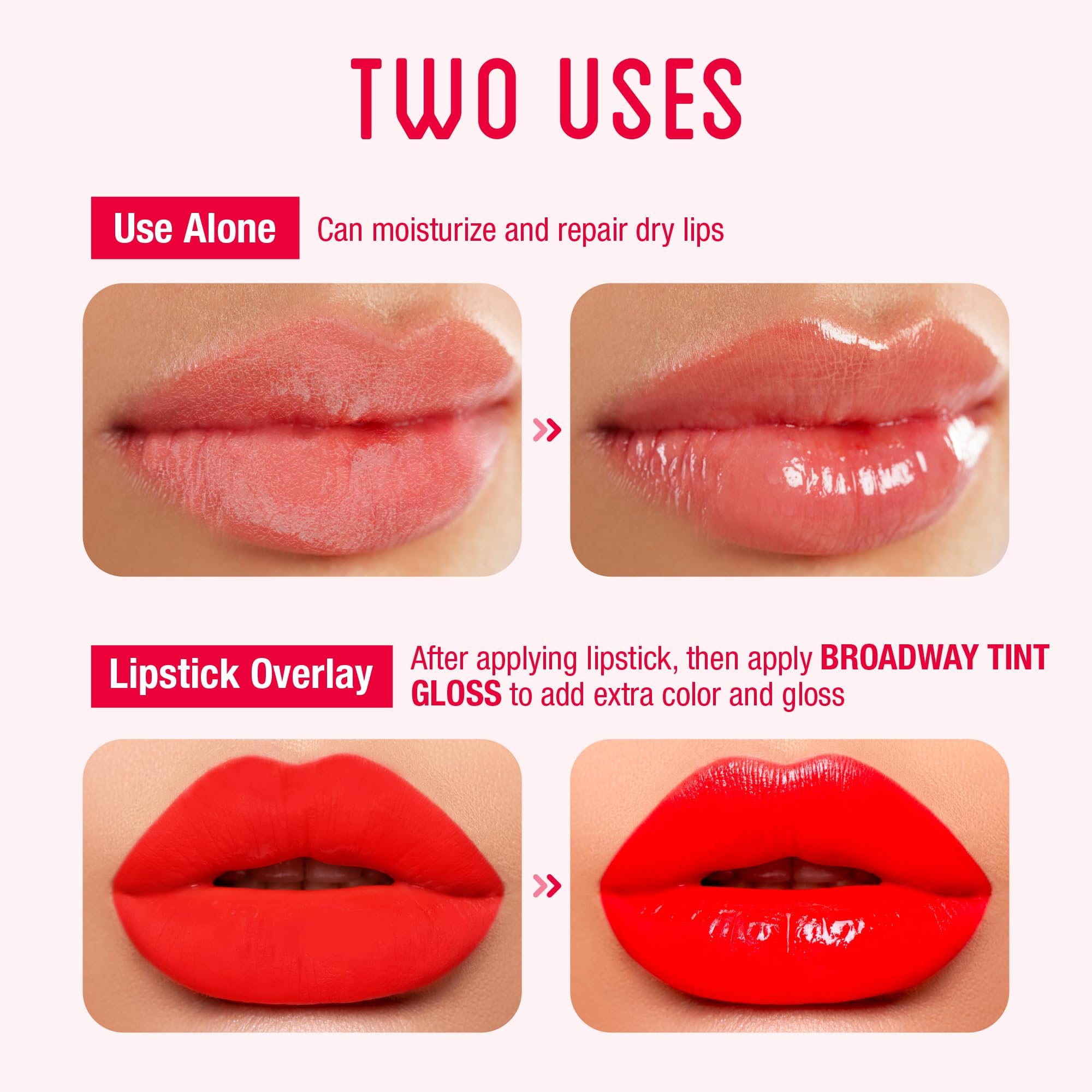 Ruby Kisses Broadway Vita-Lip on lips demonstrates a non-sticky, glossy finish.