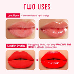 Ruby Kisses Broadway Vita-Lip on lips demonstrates a non-sticky, glossy finish.