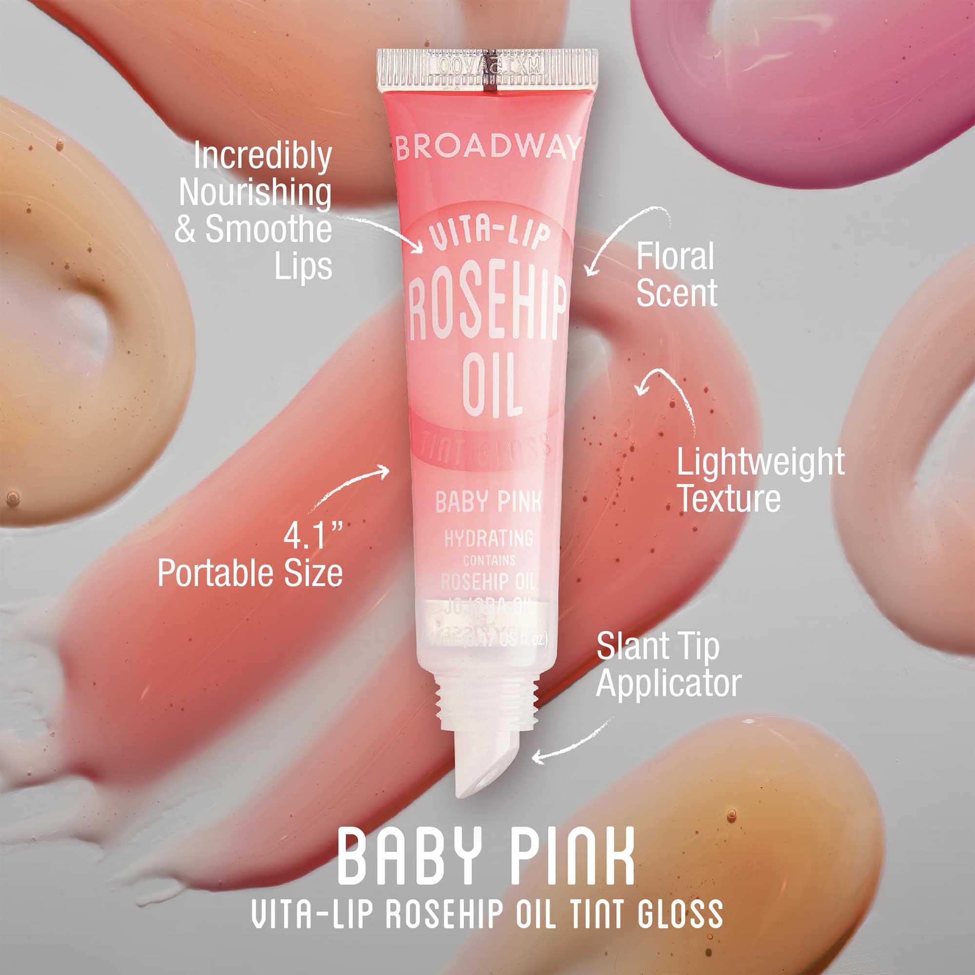 Ruby Kisses Broadway Vita-Lip tube closeup shows color-ready gloss for daily wear.