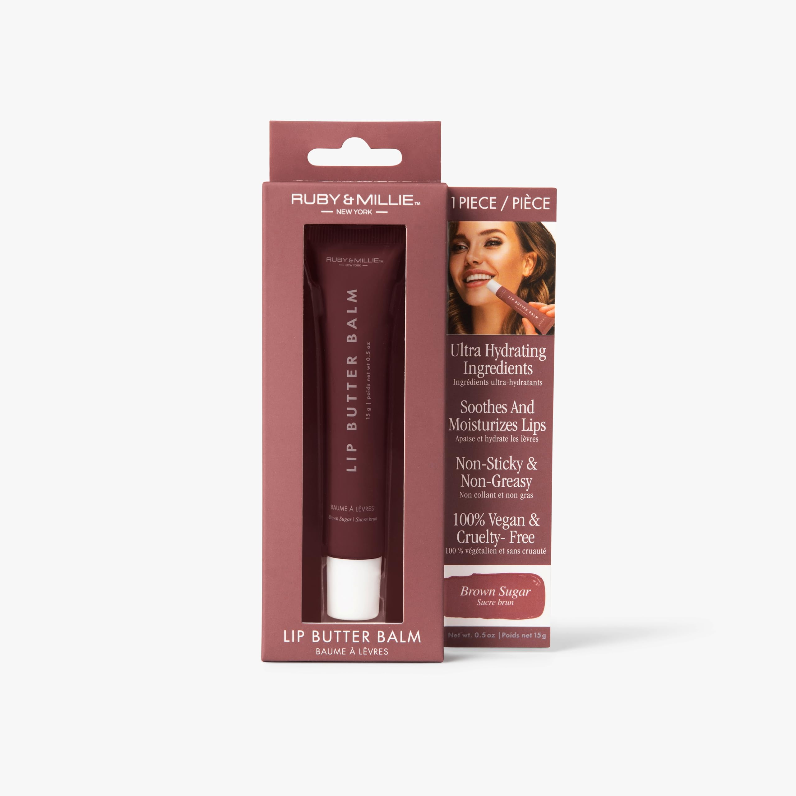 Ruby & Millie lip balm layers under lipstick for depth and shine.