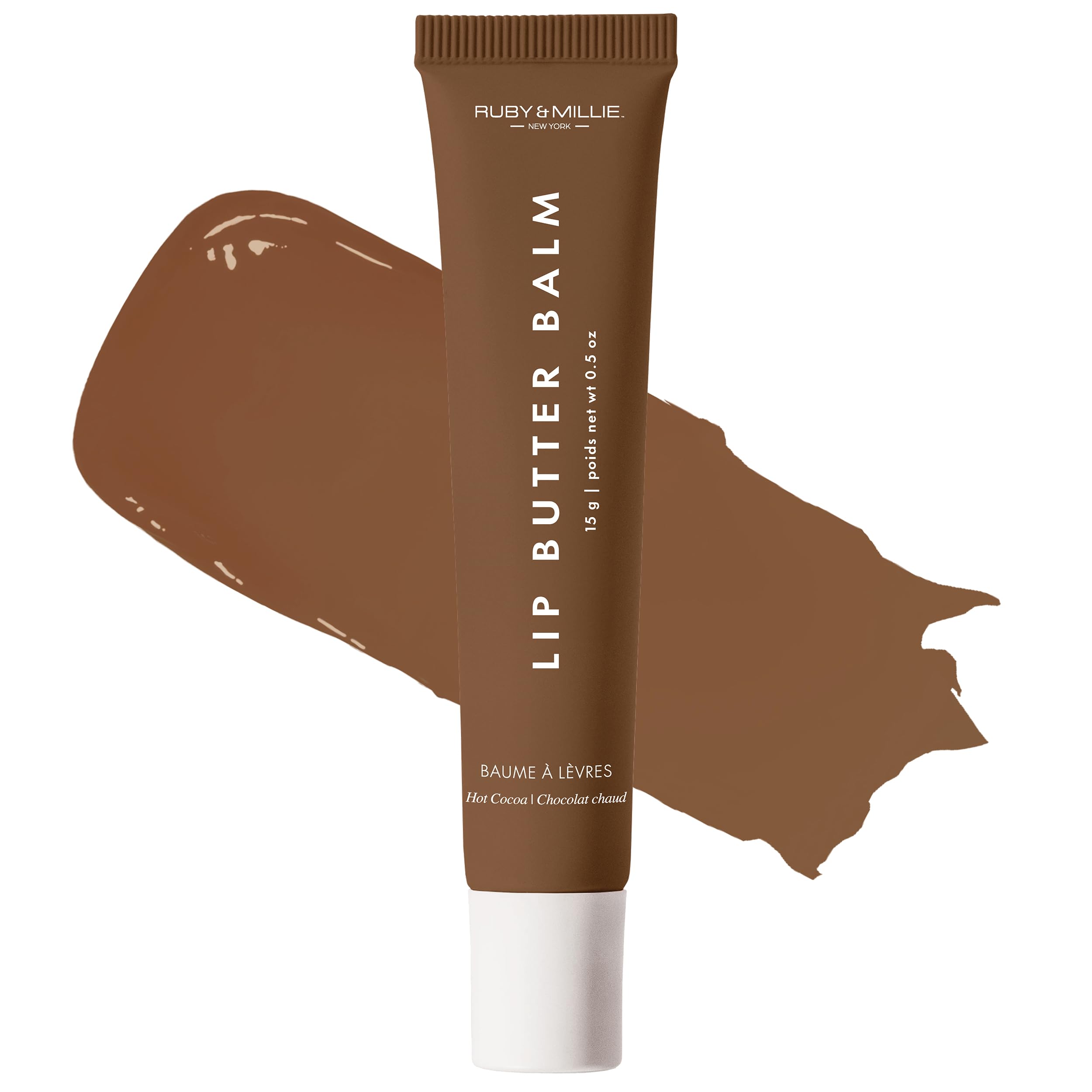 Ruby & Millie Hot Cocoa lip balm application showing glossy hydration.