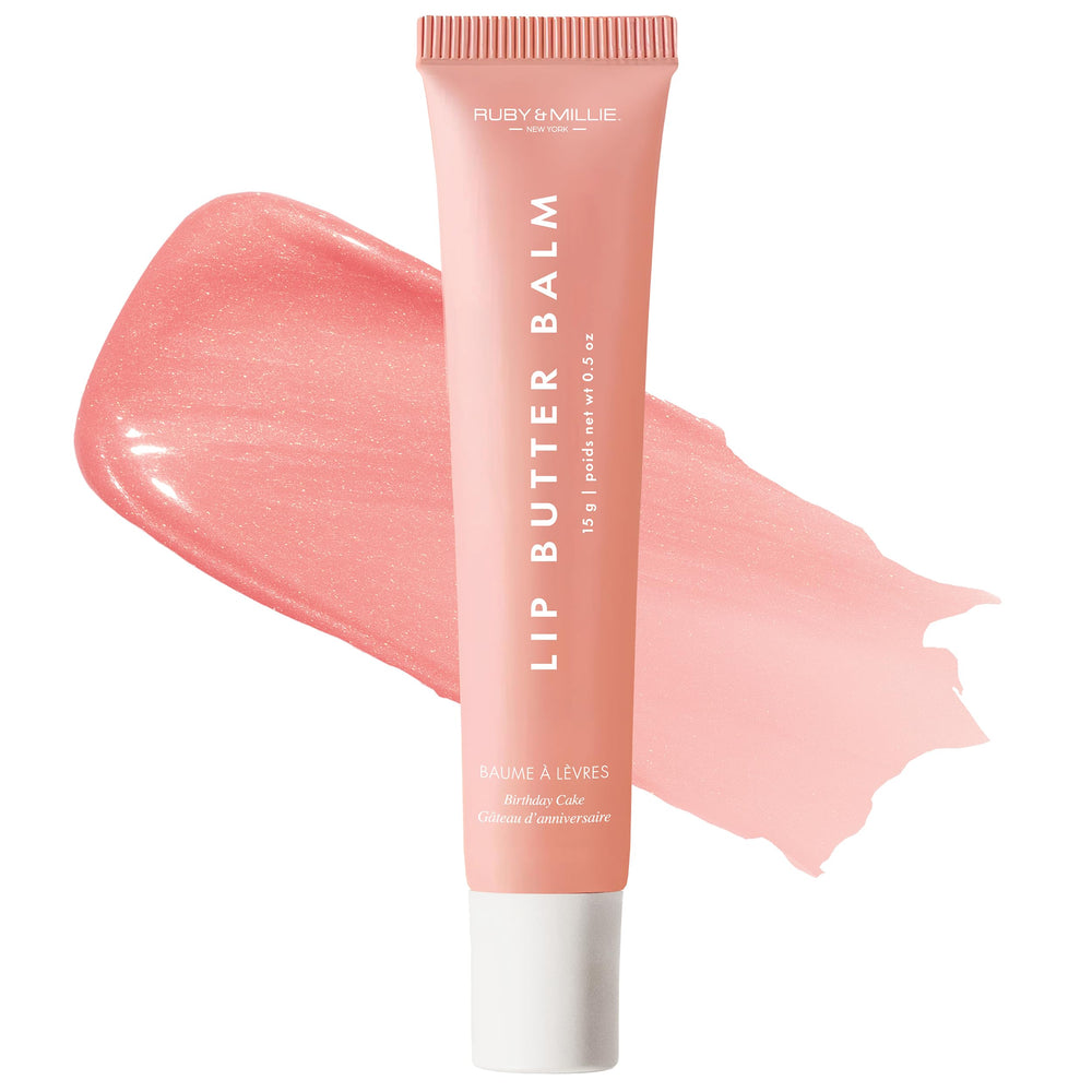 Ruby & Millie tinted lip balm in birthday cake tube delivers hydration and color.