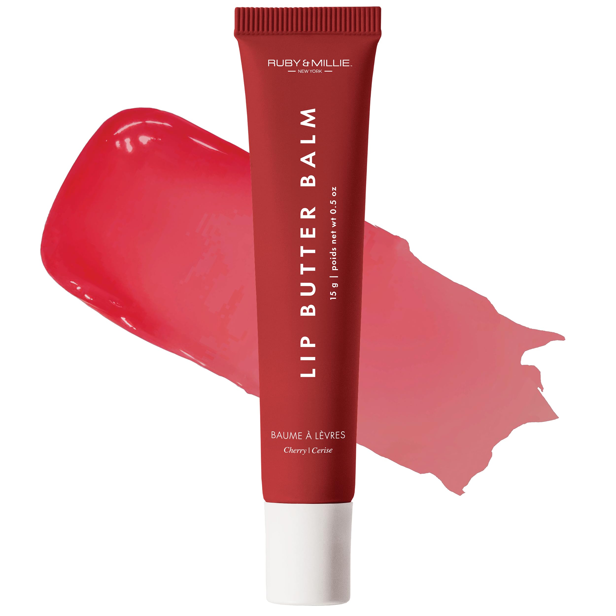 Ruby & Millie Cherry Lip Balm packaging highlights vegan formula and clean beauty values.