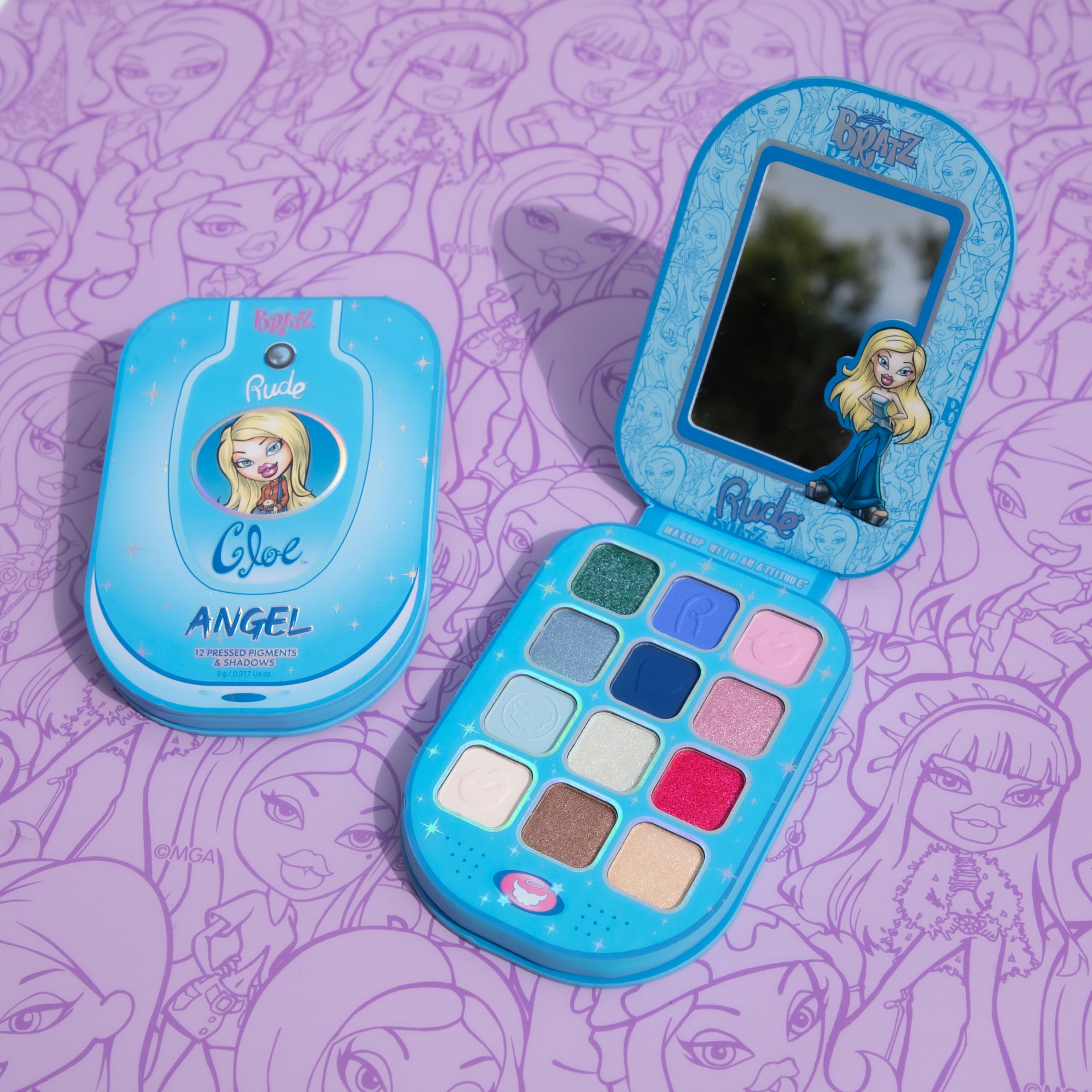 Rude Bratz Angel with built-in mirror for quick touch-ups anywhere.