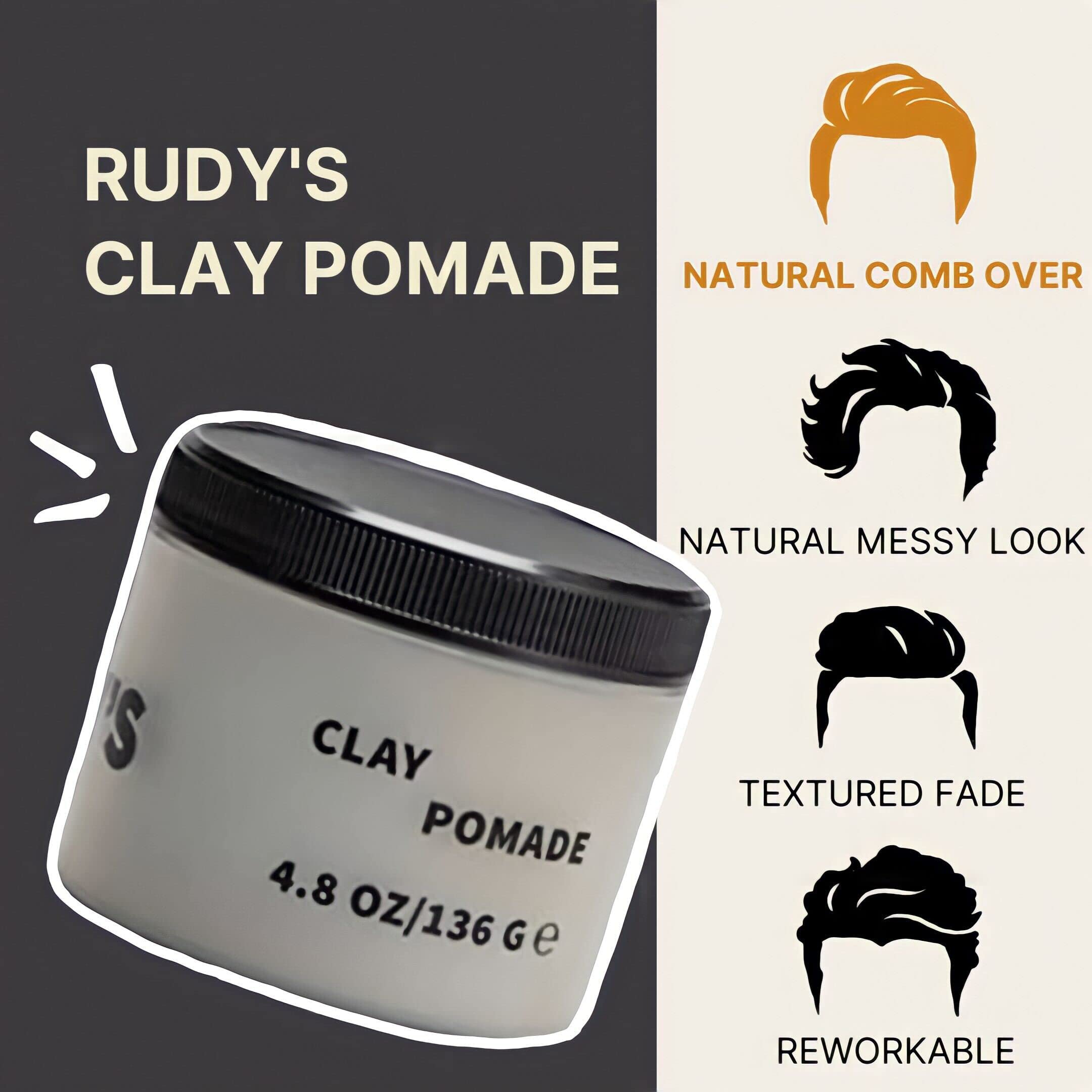 Rudy's Clay Pomade delivers a matte finish for natural styling.